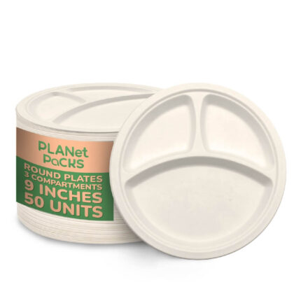 Bagasse White Round 3-Compartment Plate - 9"inch - Pack of 50