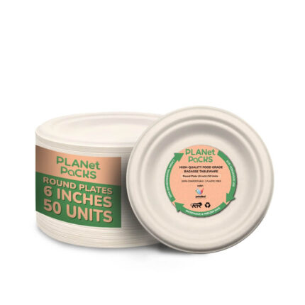 Bagasse White Round Disposable Plate - 6" inch - Pack of 50