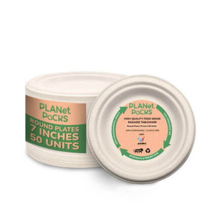 Bagasse White Round Disposable Plate - 7" inch - Pack of 50