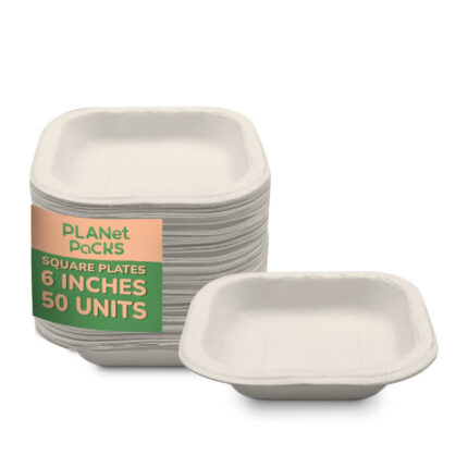 Bagasse White Square Disposable Plate - 6" inch - Pack of 50
